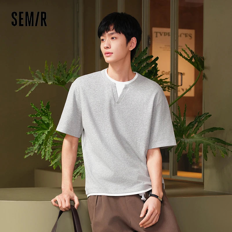 Semir Mens Tshirt 2026 Fake Two Piece Spliced Neck Texture Comfortable Versatile Casual Soft