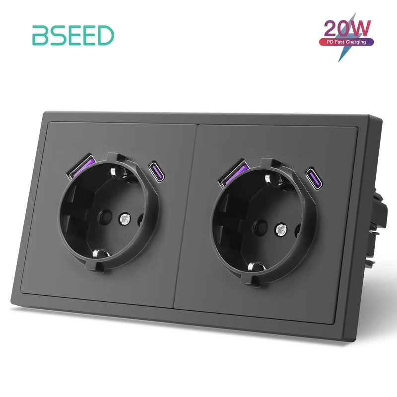 BSEED EU Standard Single Wall Socket 20W Fast Charge USB Type-C Charge Port Double Wall Power Outlets Plastic Frame 16A