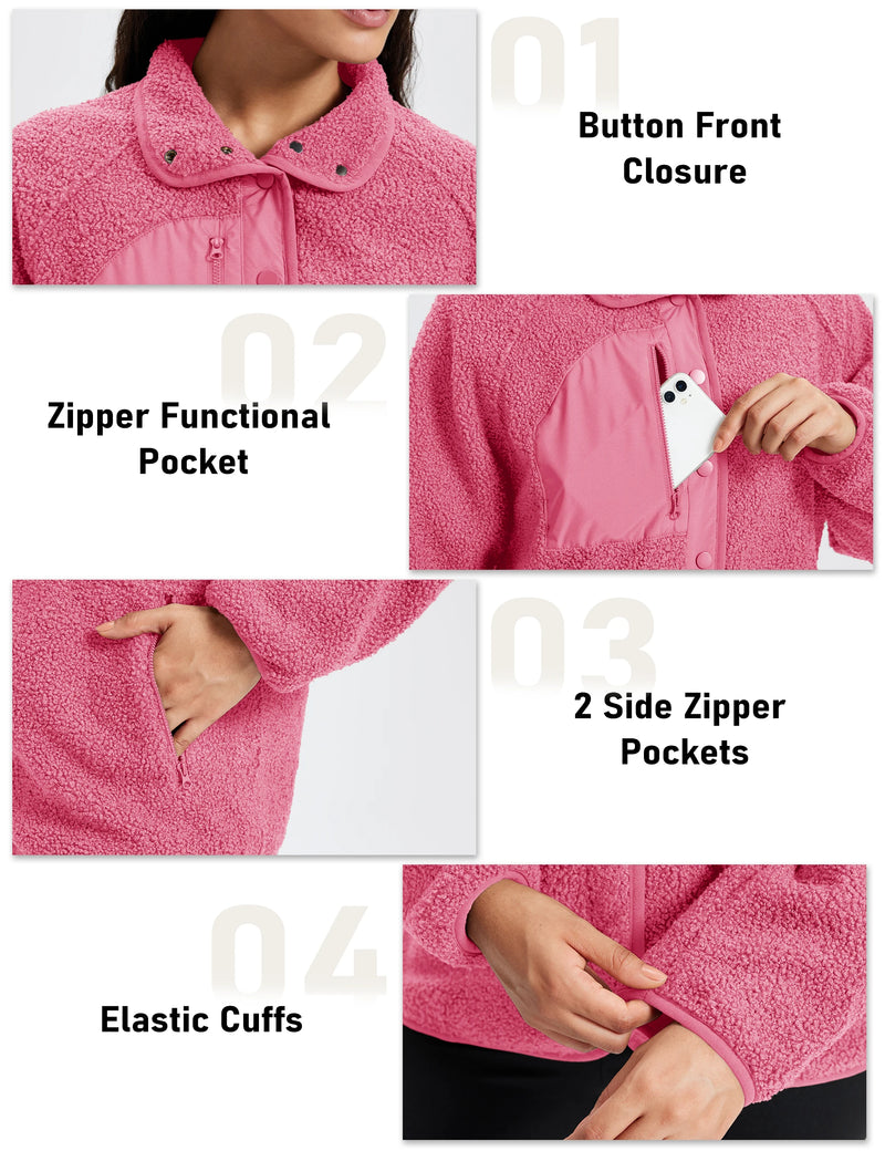TACVASEN Women's Stand Collar Sherpa Fleece Jacket Winter Warm Lightweight Fuzzy Button Down Coat 3 Zipper Pockets Casual Jacket