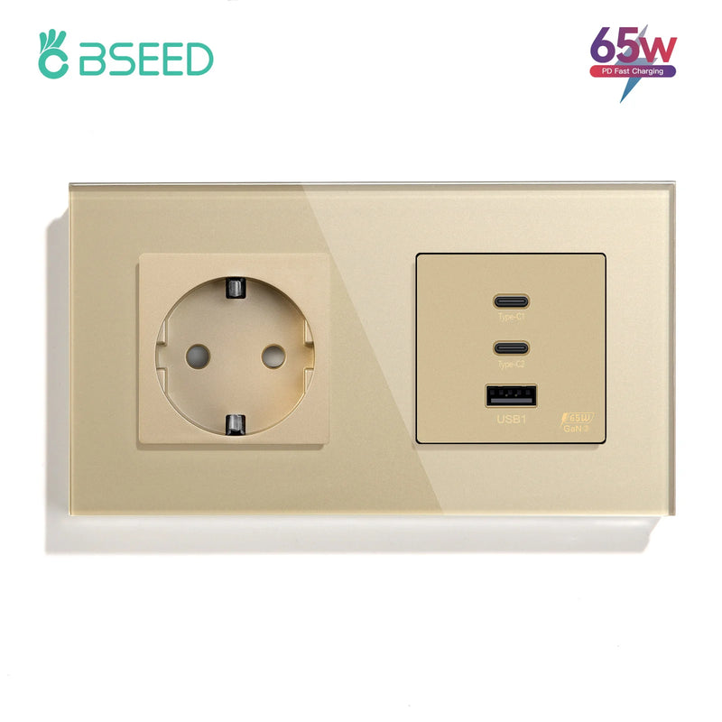 BSEED GaN3 Universal Socket 65W PD Fast Charge Port USB Type-C Quick Charge With Wall Power Socket Glass Panel 100V-240V