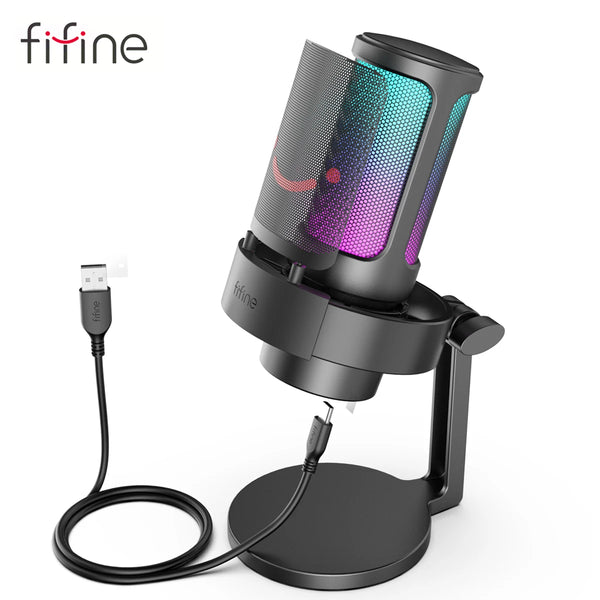FIFINE USB Microphone for Recording and Streaming on PC/Mac with Pop Filter,Quick Mute＆3.5mm Mic jack,Mic with 3 RGB Modes -A8