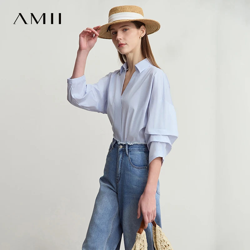 អាវ AMII រដូវក្តៅធម្មតាសម្រាប់ស្ត្រីឆ្នាំ ២០២៥ ក V ដៃអាវបីភាគបួន អាវស្ត្រីថ្មី អាវ chiffon រលុងសម្រាប់ស្ត្រីទាន់សម័យ 12512034