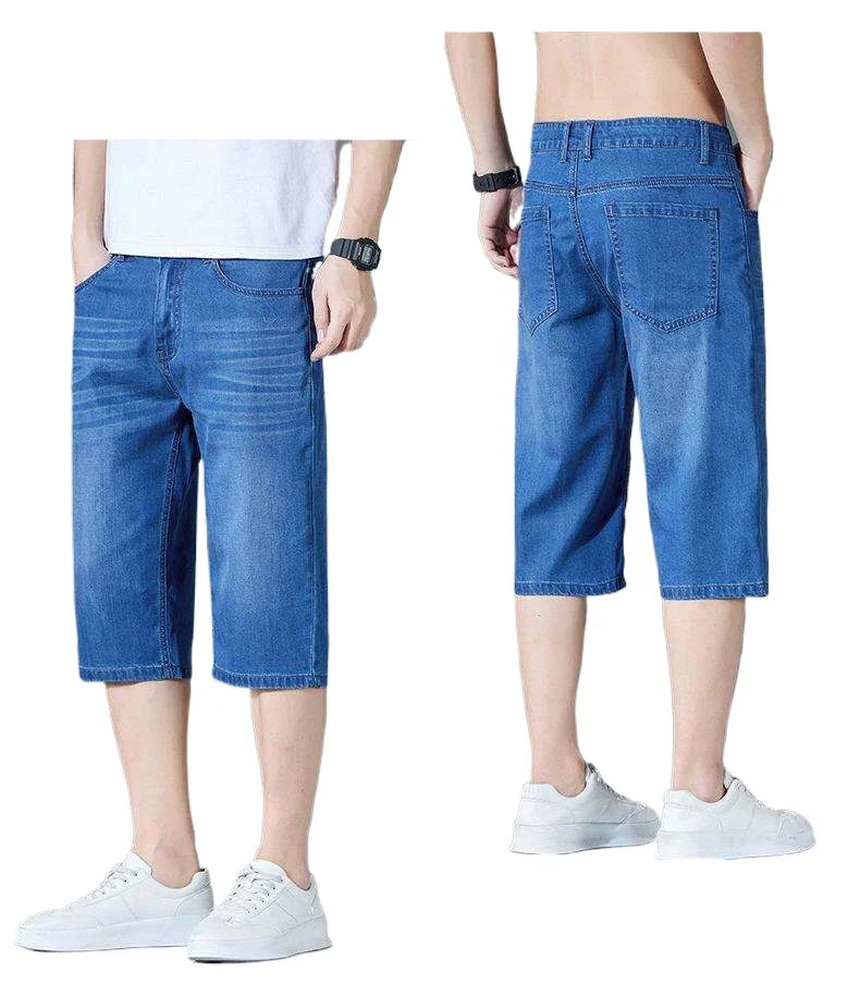 2026 Summer Thin Blue Men's Jeans Shorts, Fashion Casual Stretch Denim Shorts, Asian Size Black Knee Length Pants