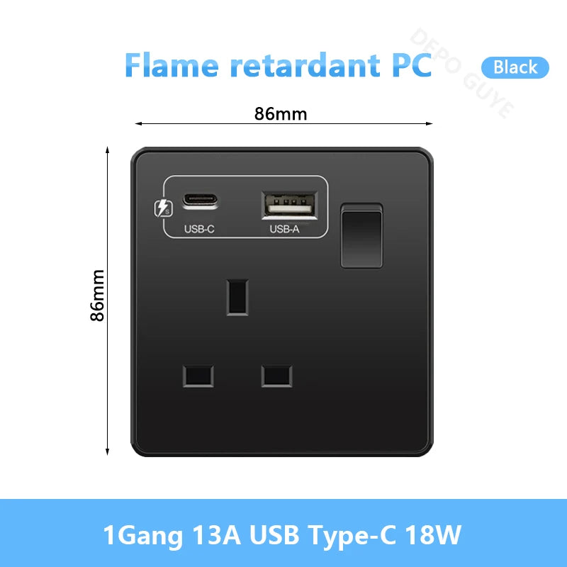 Universal Black USB Type-C 18W Smart Fast Charging Socket Double 5-pin Power Plug,UK  Electrical Internationa Wall Light Switch