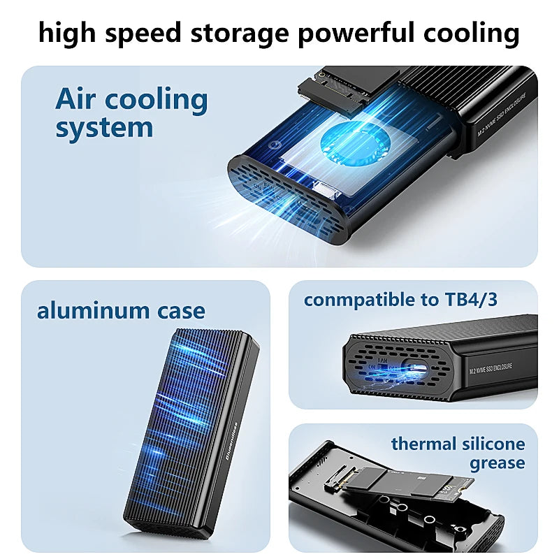 ប្រអប់ Blueendless 40Gbps M.2 NVMe SSD Enclosure M2 PCIe 4.0 NVME SSD Case M.2 ទៅ USB4.0 Adapter អាលុយមីញ៉ូម SSD Docking ជាមួយកង្ហារត្រជាក់
