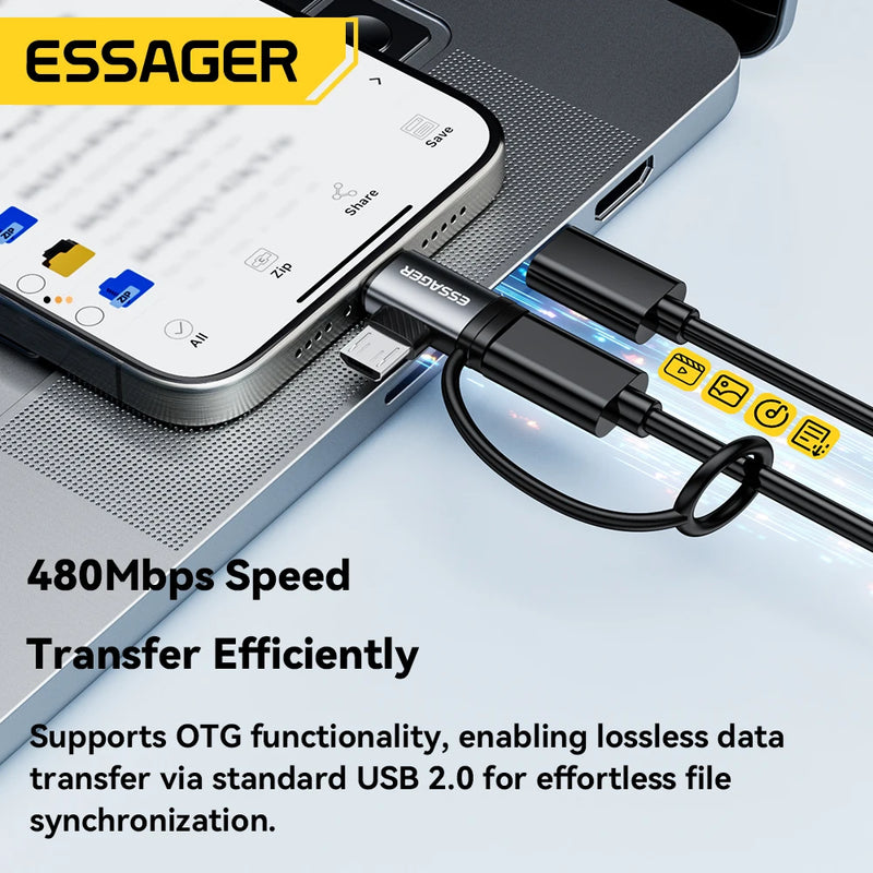 អាដាប់ទ័រភ្លើង/មីក្រូ Essager 2 ក្នុង 1 សាកថ្មលឿន USB ប្រភេទ C សម្រាប់ iPhone 17 16 15 14 13 12 11 iPad Converter