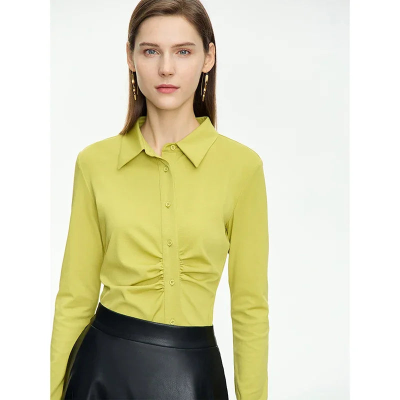 អាវ AMII Minimalism Asymmetric សម្រាប់ស្ត្រី 2025 រដូវស្លឹកឈើជ្រុះថ្មី Niche Folds Slim Office Lady Solid Female Shirts & Blouses 12343069