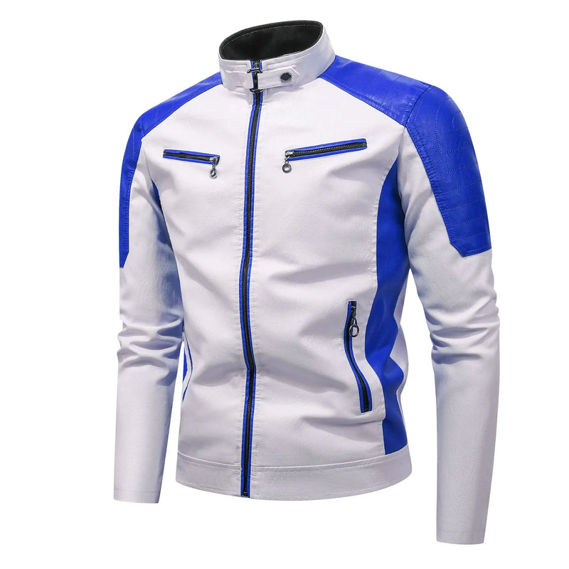 Men's Long Sleeve Artificial Leather Jacket Autumn New Style Two-color Splicing Decorative PU Coat Red Blue Green Brown Black Op