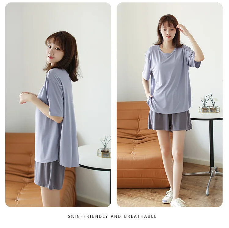 Fdfklak Casual Chest Pads Women Summer Pajamas Set Modal Short-Sleeved Cropped Pants Suits Outside Wear Sleepwear Home Clothes