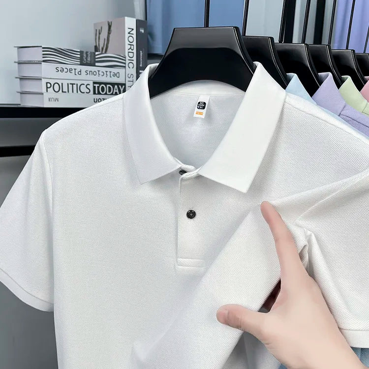 Men 100% Mercerized Cotton Polo Shirt Solid Short Sleeve Casual Business Tops Odor Resistant Premium 205g Summer