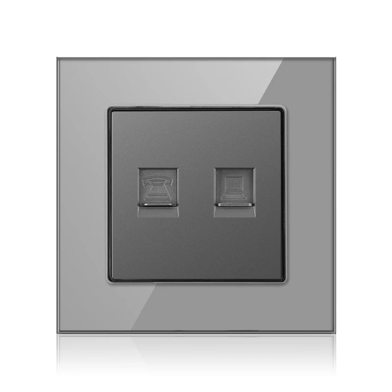 Cat6 Rj45 Wall Socket Network Socket With TV Wall Data Double Socket Telephone Tempered Glass Panel Computer Wall Net Outlet