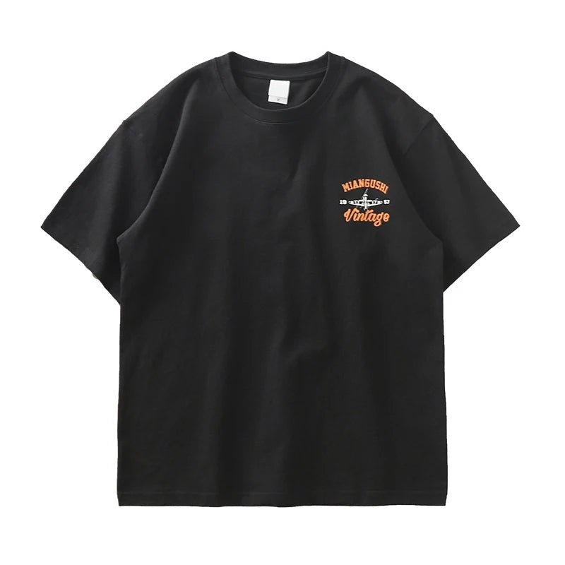 Dukeen 320g Heavyweight Short Sleeved T Shirt Men Summer Vintage Aeroplane Printing 100% Cotton Casual Tops Unisex