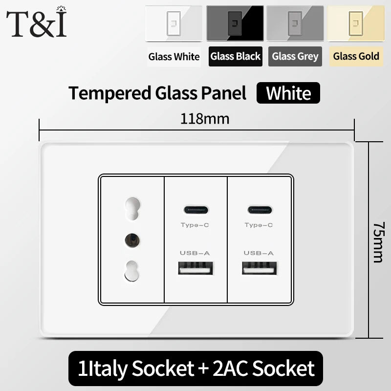T&I Wall Switch Sockets With USB TypeC  Fast Charging, Italy Socket , Chile Schuko Outlet, Tempered Glass Panel for Home