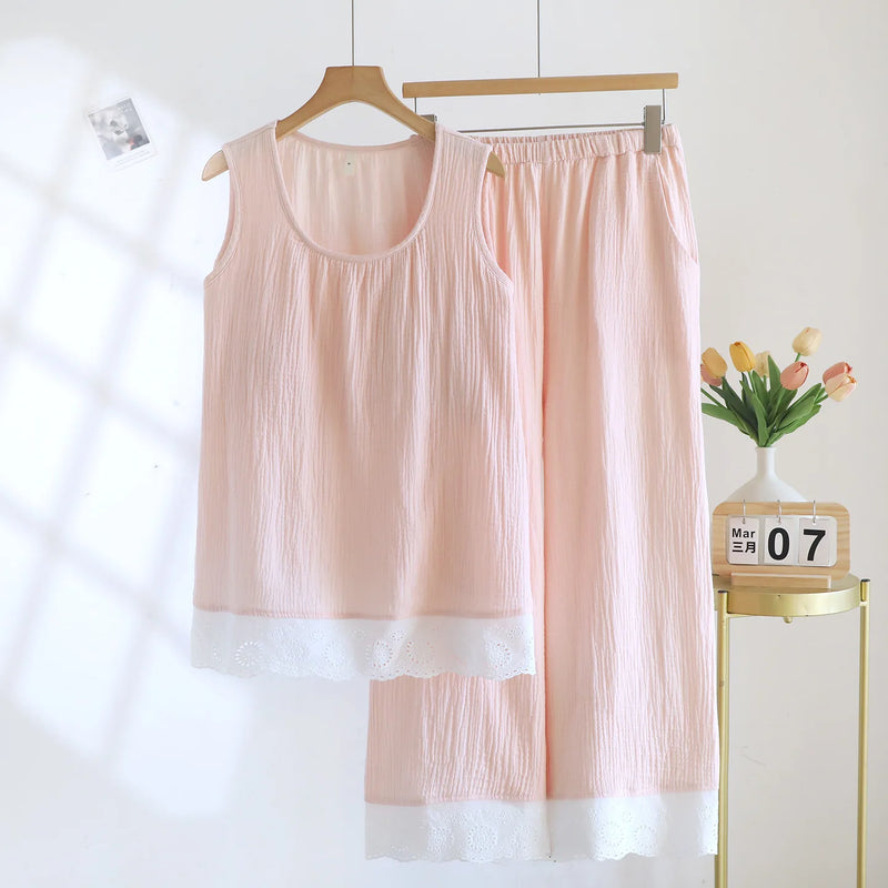 Two Piece Thin Sleeveless Pajamas Woman Summer Sleepwear Cotton Home Suit Sleep Loose Lounge Pijama Wear Women's Home Clothes