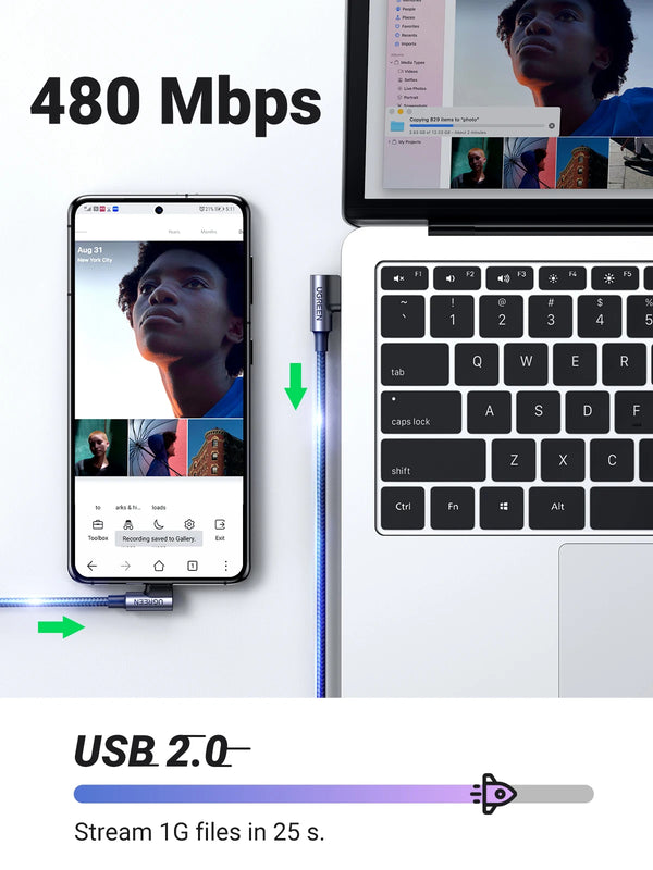 ខ្សែ UGREEN 90 ដឺក្រេ USB C ខ្សែនីឡុងសាកលឿន USB Type C សម្រាប់ iPhone 17 16 Xiaomi Samsung S25 S24 Poco USB-C ទៅ USB-C ខ្សែ