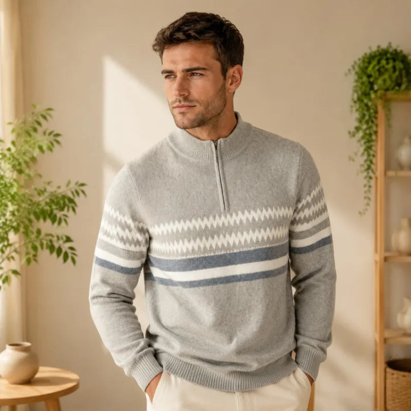Men's Half-Zip Mock Neck Knit Sweater Fashion Geometric Pattern Casual Business Pullover Autumn Winter Warm Pullover
