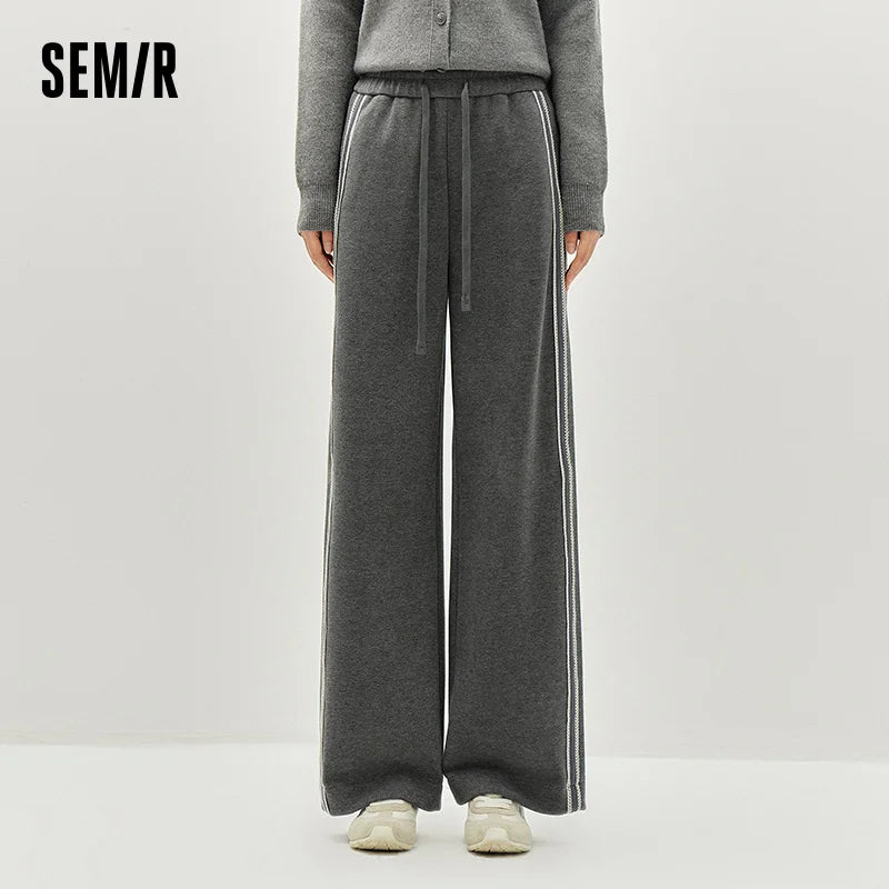 Semir Women Pants Ruffle Trim Colorblock Wool Look Wide Leg Loose Fit 450G 2026 Elegant Warm Urban Casual Trousers