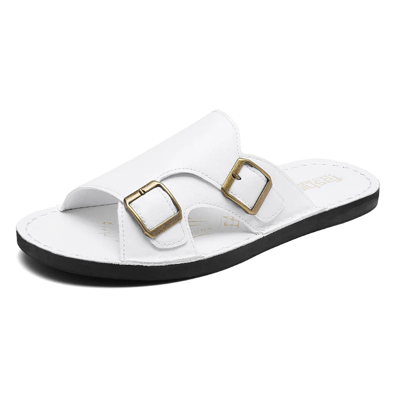 Men's Adjustable Double Buckle Leather Slide Sandals Open Toe Flat Non Slip Casual Summer Slippers Vintage Antique