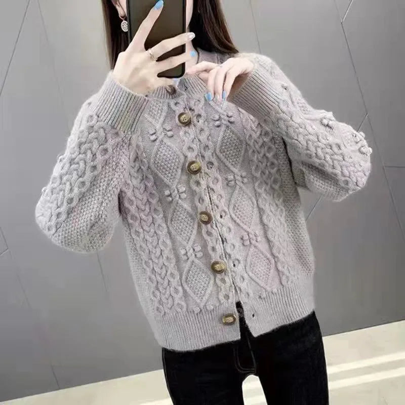 New Solid Color Twist Knitted Cardigan Women's Spring Autumn Short Ladies Sweater Coat Korean Elegant Long Sleeve Tops
