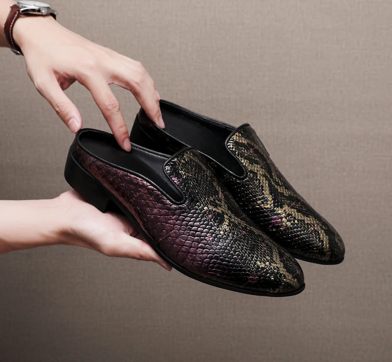 Big Size Mens Backless Mules Pointed Toe Slip on Loafers Men Low Heel Python Pattern Half Slippers Party Dress Shoes