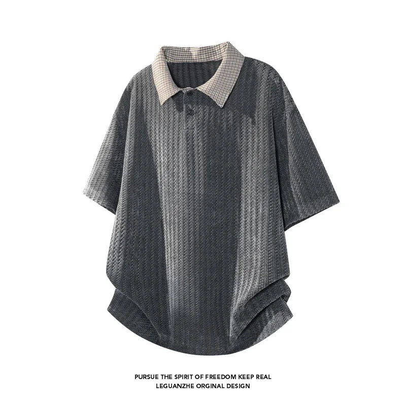 Mens Textured Knit Short Sleeve Polo Top Contrast Collar Oversized Cutting Suitable For Vacation Dating And Casual Scenes