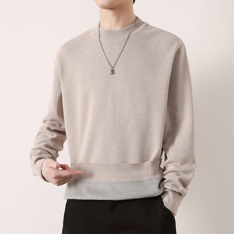 Men Loose Silhouette Half Turtleneck Knitwear Full Plush Lining Long Sleeve Thermal Sweater Casual Daily Base Outfit