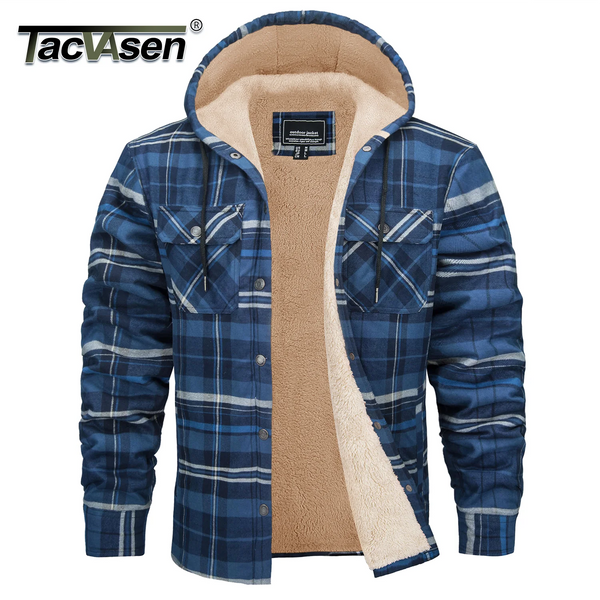 TACVASEN Mens Sherpa Lined Flannel Hoodies Jacket Heavyweight Hooded Fleece Thicken Warm Button Down Plaid Jacket Outwear Coats