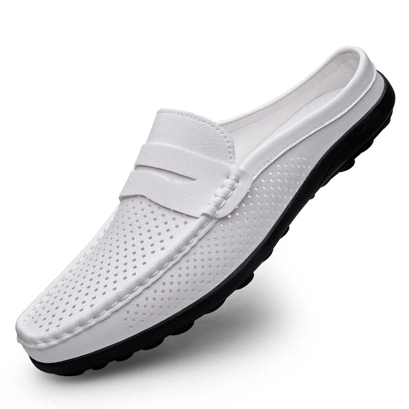 Summer Men Breathable Half Shoes Casual Leather Shoes White Black Slip On Loafers Shoes Big Size 46 47 Dropshipping