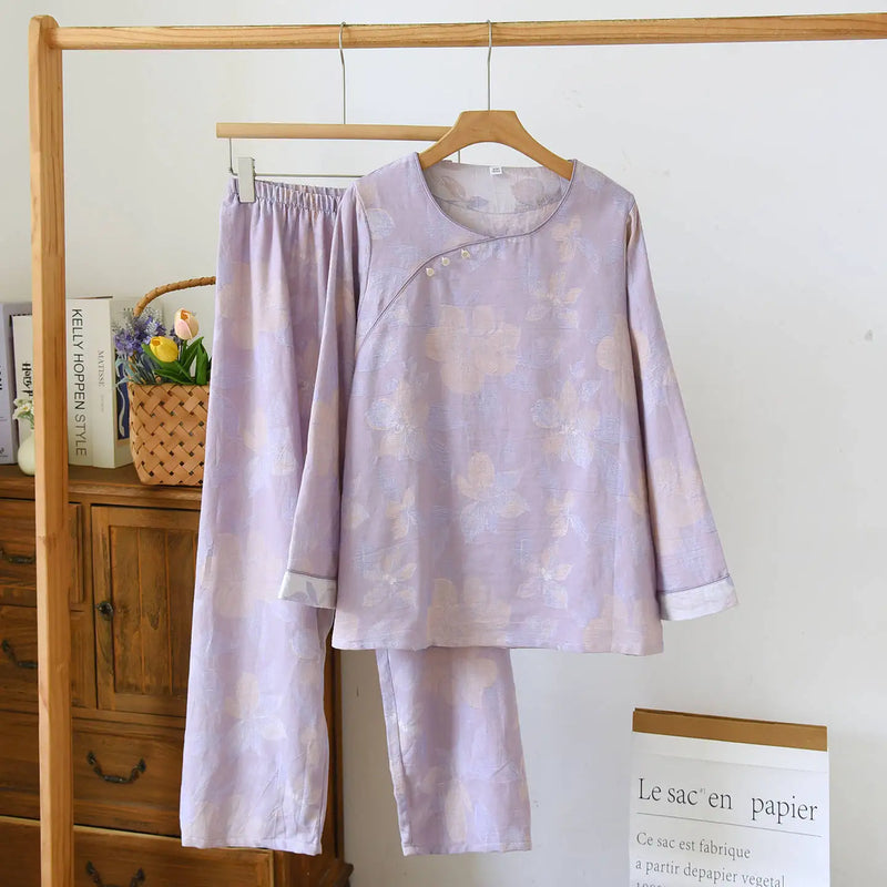 ឈុត Pijama បែប Vintage សម្រាប់រដូវផ្ការីករដូវស្លឹកឈើជ្រុះ ឈុតគេងសម្រាប់នារី ធម្មតា បោះពុម្ព 100% កប្បាស ដៃវែង គេងសម្រាប់នារី ឈុតគេងពេលយប់