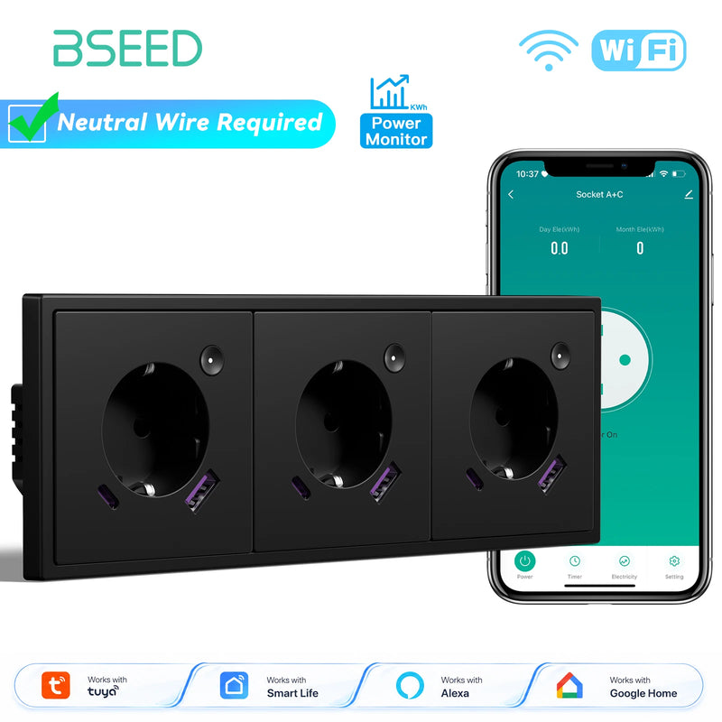 BSEED E Series WIFI Wall Socket Smart Power Monitor Socket 20W USB Type-C Charge Port Plastic Frame Tuya Smart Life Control