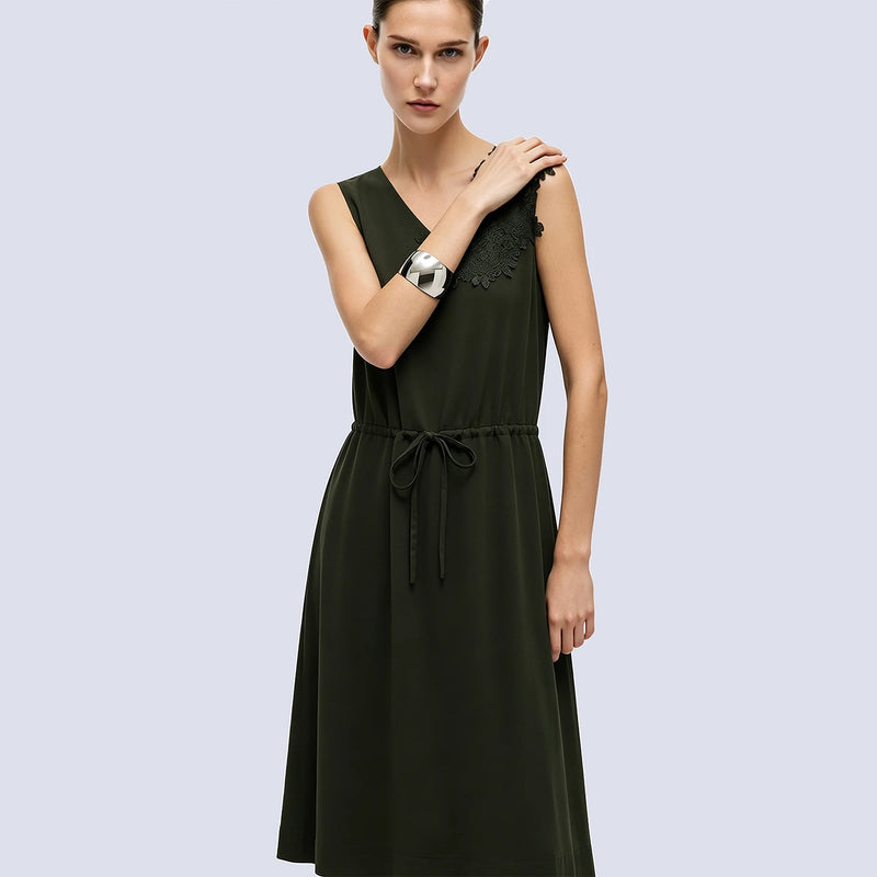 Amii Dress Woman 2026 Summer New V-Neck Drawstring Waist Sleeveless Lace Trim Elegant Office Casual Midi Women's Dress 12642209