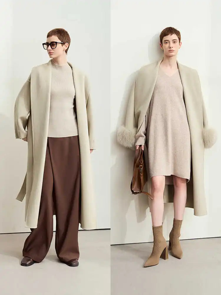 Amii Winter Clothes Women 2026 Long Coat Women's Wool 100% Removable Fox Fur Cuffs Loose Soild Office Lady Jacket 12424015