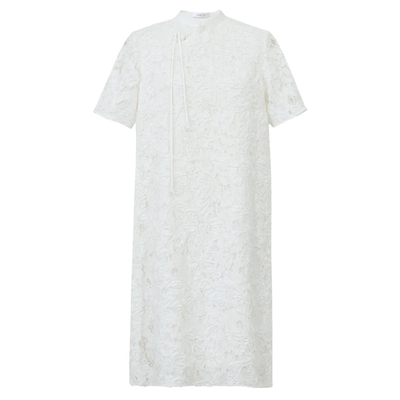Amii Women's Dress 2026 Summer New Chinese Style Stand Collar Side Button Loose Short Sleeve Elegant Women's Dresses 12642160
