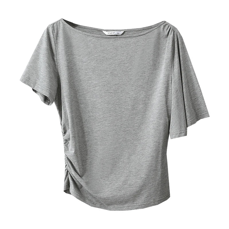 Amii Off Shoulder T-shirt 2026 Summer New Shirred Waist Asymmetric Short Sleeve Cotton Top Slim Breathable Tee Shirt 12622224