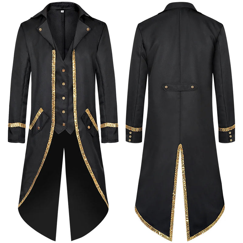 Blue Men's Halloween Trench Coat, Gold-trimmed Tailcoat with Patchwork Detailing, Medieval Mid-length Jacket, Punk-style Tops