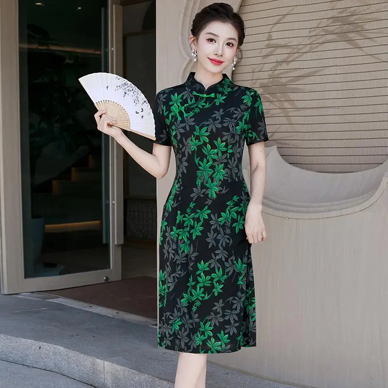 រ៉ូប Cheongsam រដូវក្តៅ កអាវផ្កាបាក់ សម្លៀកបំពាក់នារី រ៉ូបចង្កេះរាងអក្សរ A បែបចិនបុរាណ