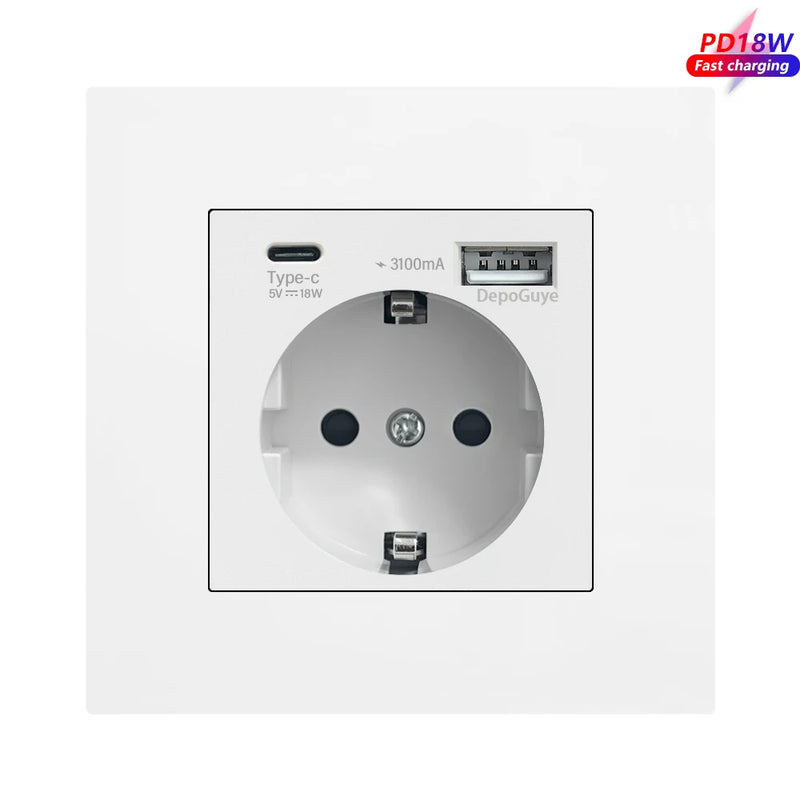 EU Standard Double USB Wall Power Socket,Electrical Socket Wall Plug with Type-c Usb Fast Charing Port 16A PC Panel Outlet 220V
