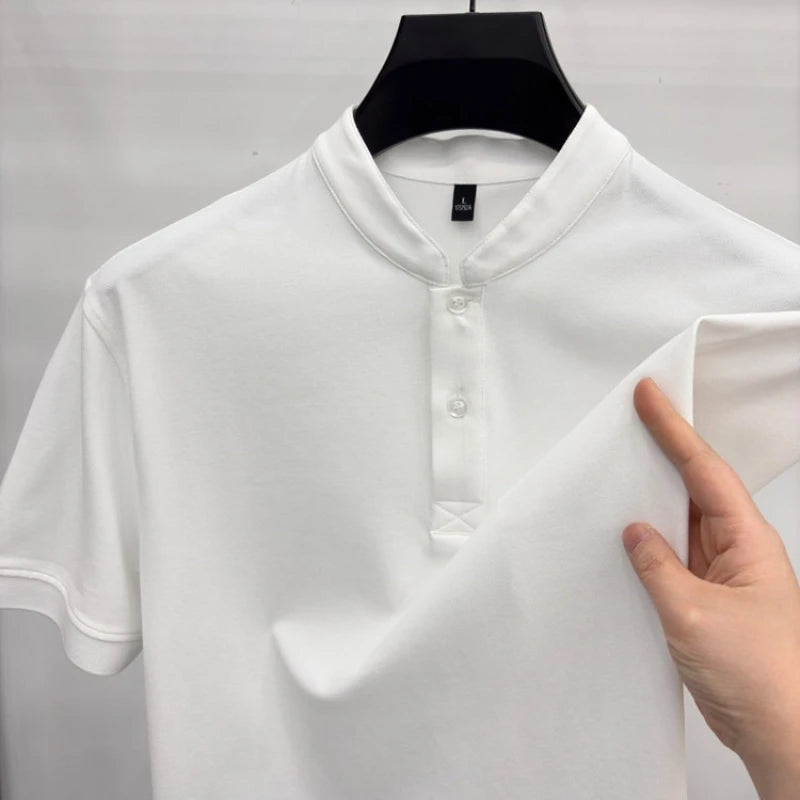 Men Summer Short Sleeve T-Shirt Little Stand Collar Solid Color Casual Loose Tee with Side Split Hem