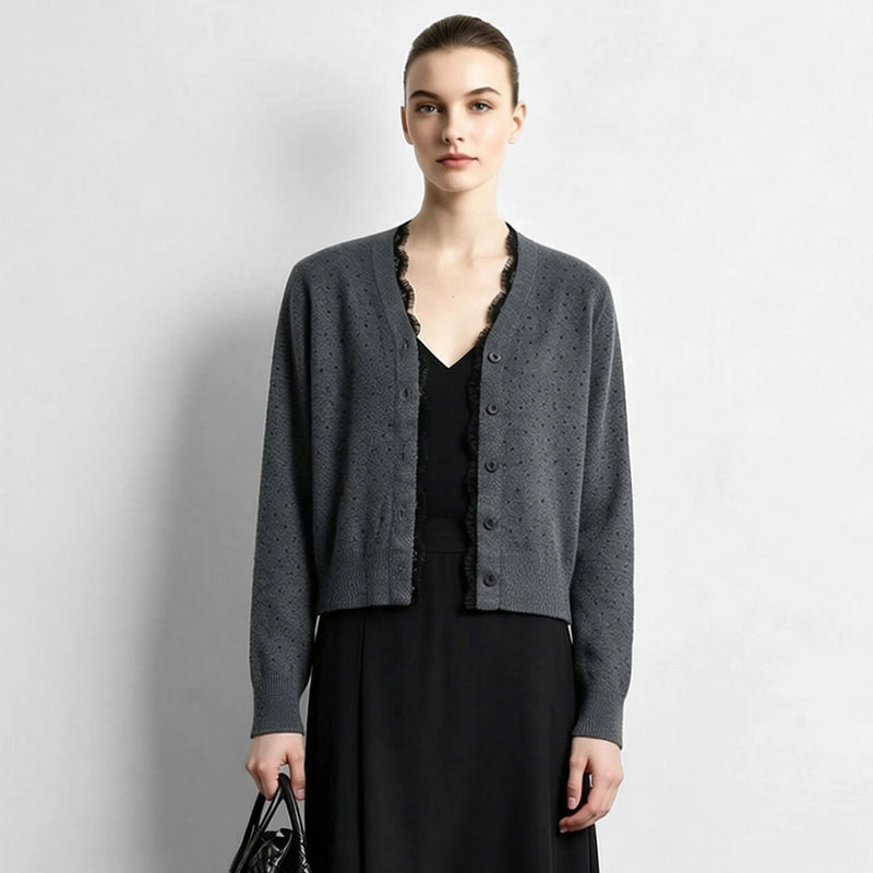 Amii Women's V-Neck Rhinestone Knit Cardigan Short Length Oversized Long Sleeve Business Casual  Autumn Top for Women 12643082