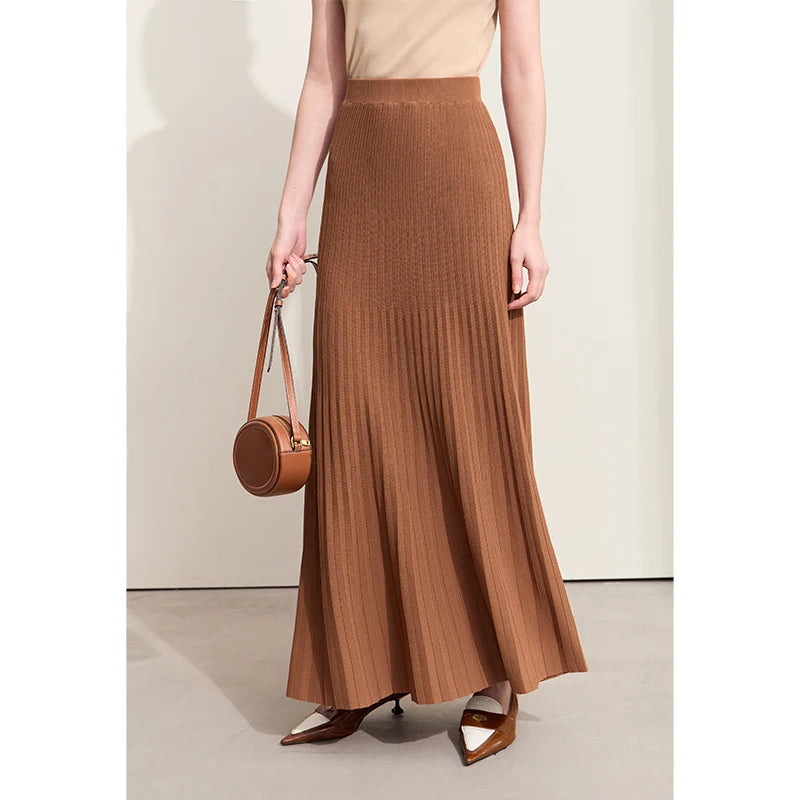 Amii Minimalism 2026 Women Skirts Autumn New Organ Pleated Elastic Waist Knit Pleated Basics Skirt A Line Long Skirt 12423068