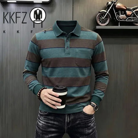 Business Casual Long Sleeve Striped Polo For Males Lapel Collar Soft Woven Fabric Neat Cut Travel Friendly Clothing
