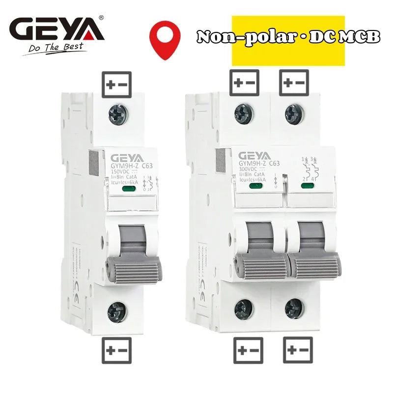 GEYA ឧបករណ៍បំបែកសៀគ្វីអគ្គិសនីពន្លឺព្រះអាទិត្យប្រភេទ Non-polar DC MCB 12V 24V 48V 60V 110V~600V ការពារថ្ម សៀគ្វីខ្លីវិជ្ជមានអវិជ្ជមាន
