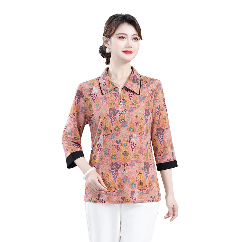 អាវយឺត Pullover ថ្មី កអាវបត់ចុះ បោះពុម្ពធរណីមាត្រ អាវបីភាគបួន រលុង