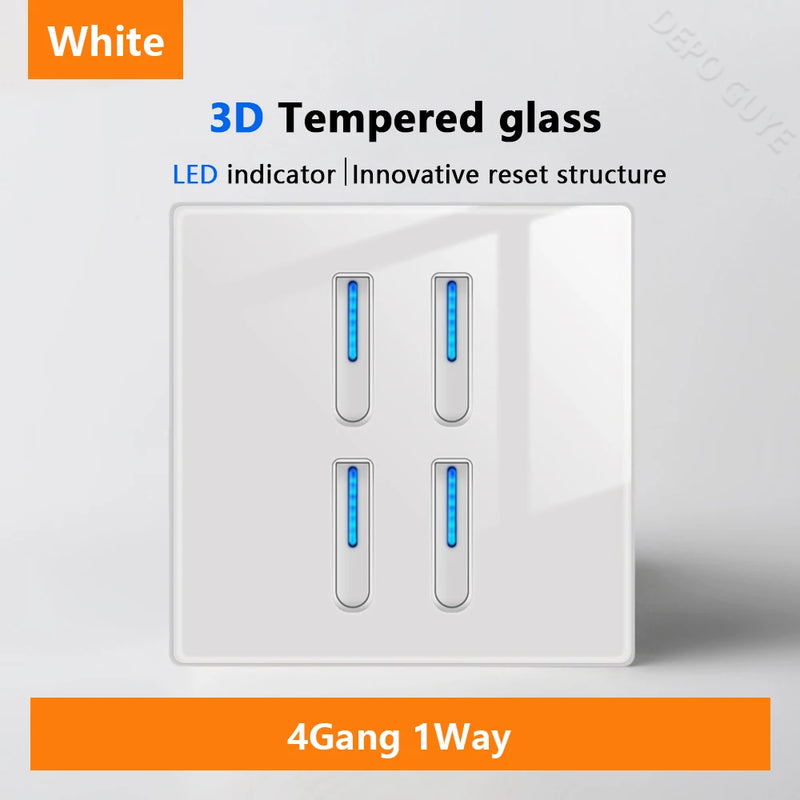White LED indicator light switch Panel glass piano key Self-reset wall switch socket,UK Universal USB Type-C Electrical outlet
