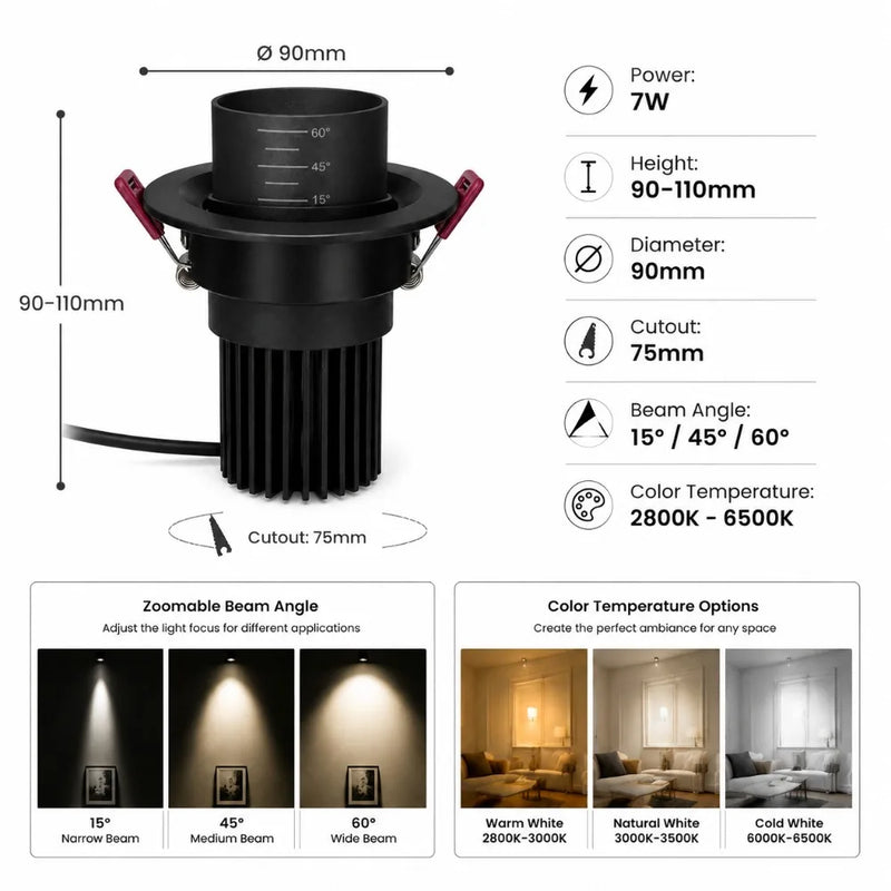 ភ្លើងពិដាន JOYINLED 7W អាចពង្រីកបាន អំពូល LED COB អាចបន្ថយពន្លឺបាន ចង្កៀងពណ៌សខ្មៅ 2800K-6500K មុំធ្នឹមអាចលៃតម្រូវបាន
