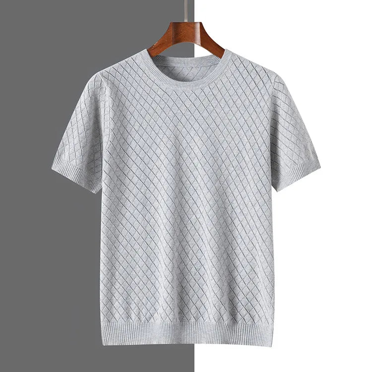Men's 100% Cotton Short Sleeve T-Shirt with Diamond Knit Texture – Breathable Crew Neck Casual Top