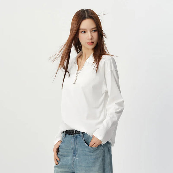 អាវប៉ូឡូ Semir សម្រាប់នារី ដៃវែងពណ៌ស រលុង បោះពុម្ព សាមញ្ញ ខ្ជិលច្រអូស ងាយស្រួលប្រើ រដូវក្តៅ ឆ្នាំ២០២៦