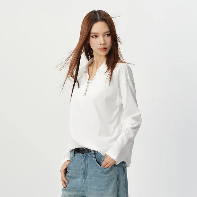 Semir Women Polo Shirt White Long Sleeve Loose Printed Minimalist Lazy Versatile Pullover 2026 Summer Top