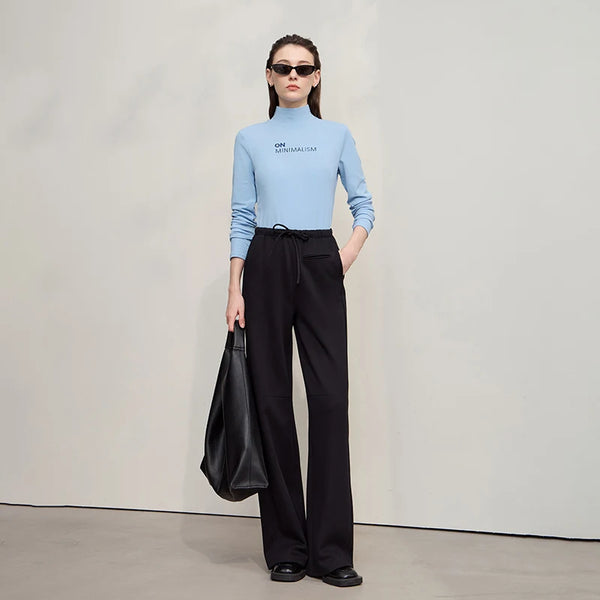 AMII Women's T-shirt 2026 Autumn New Casual Versatile Top Women Turtleneck Letter Embroidery Long Sleeves Ladies Tops 12524058
