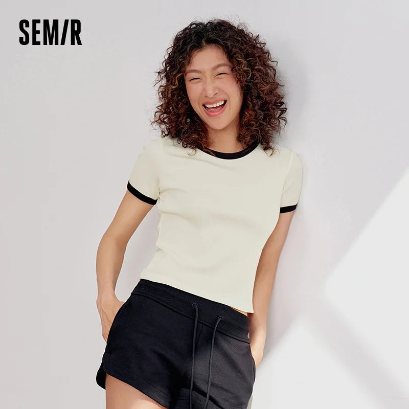 Semir Women Tshirt Cool Feeling Short Standard Shoulder Color Block Slim 2026 Summer Casual Style Fashion Soft Comfy Daily Top